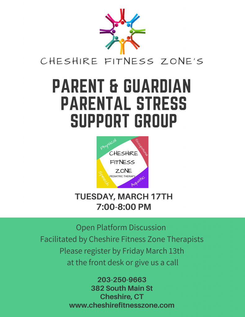 This photo describes an event held at CFZ Pediatric Therapy. The event is a parent and guardian support group about parental and caregiver stress,